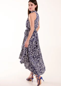 Blue Vanilla Navy Abstract Print Halter Neck Midi Wrap Dress