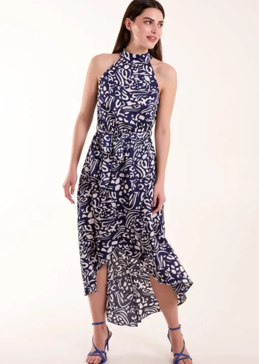 Blue Vanilla Navy Abstract Print Halter Neck Midi Wrap Dress