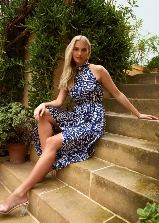 Blue Vanilla Navy Abstract Print Halter Neck Midi Wrap Dress