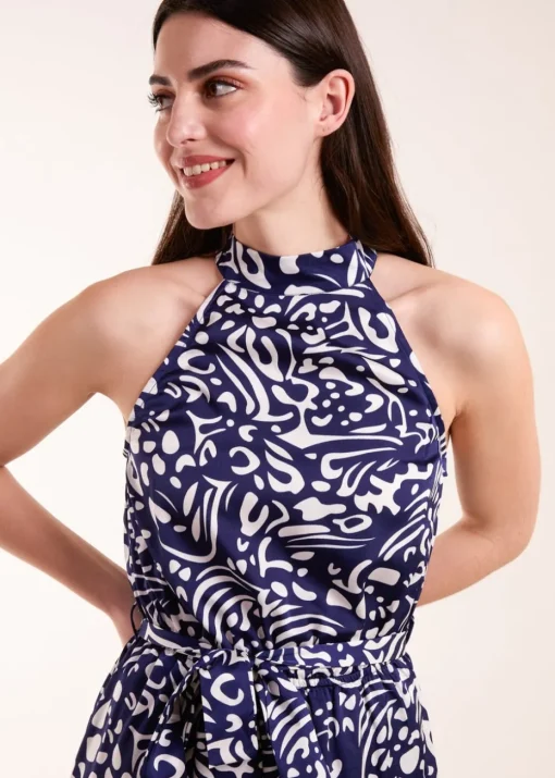 Blue Vanilla Navy Abstract Print Halter Neck Midi Wrap Dress
