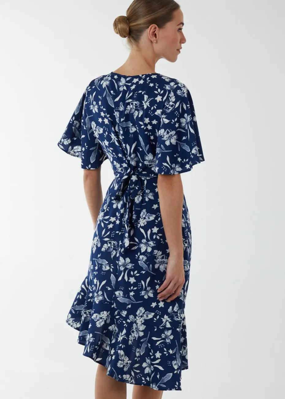 Blue Vanilla Navy Angel Sleeve Asymmetric Tier Midi Dress