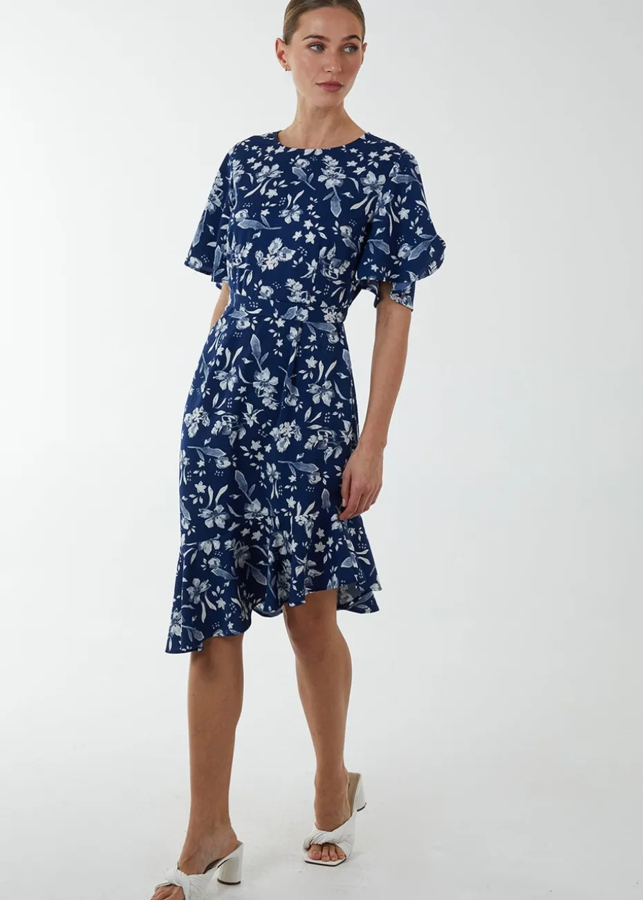 Blue Vanilla Navy Angel Sleeve Asymmetric Tier Midi Dress