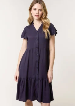 Blue Vanilla Navy Angel Sleeve Button Front Midi Dress