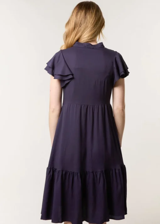 Blue Vanilla Navy Angel Sleeve Button Front Midi Dress