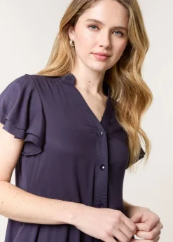 Blue Vanilla Navy Angel Sleeve Button Front Midi Dress
