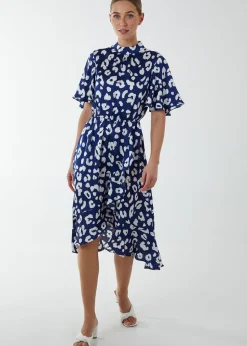 Blue Vanilla Navy Angel Sleeve Wrap Ruffle Midi Dress
