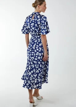 Blue Vanilla Navy Angel Sleeve Wrap Ruffle Midi Dress