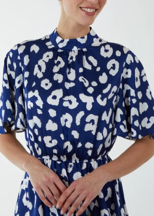 Blue Vanilla Navy Angel Sleeve Wrap Ruffle Midi Dress