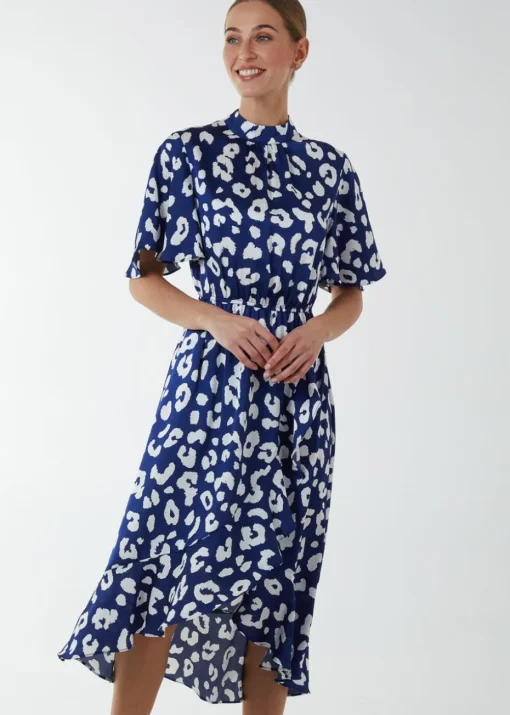 Blue Vanilla Navy Angel Sleeve Wrap Ruffle Midi Dress