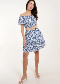 Blue Vanilla Navy Bardot Broderie Mini Belted Dress
