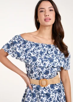 Blue Vanilla Navy Bardot Broderie Mini Belted Dress