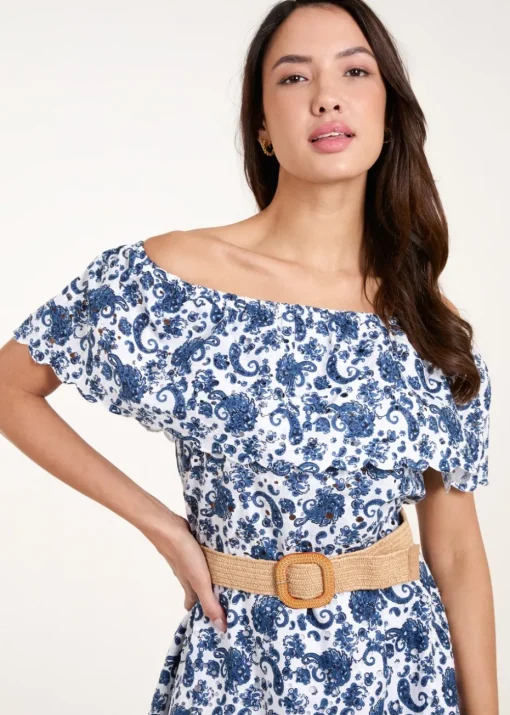 Blue Vanilla Navy Bardot Broderie Mini Belted Dress