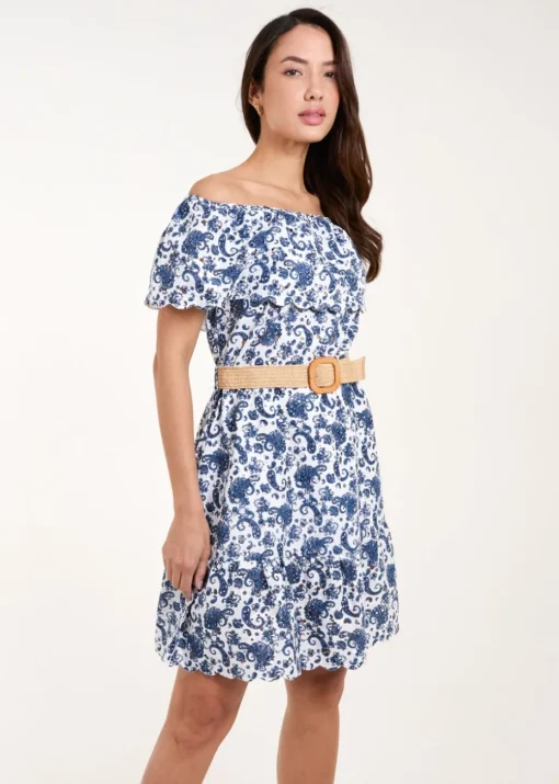 Blue Vanilla Navy Bardot Broderie Mini Belted Dress