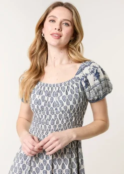 Blue Vanilla Navy Border Print Puff Sleeve Midi Dress