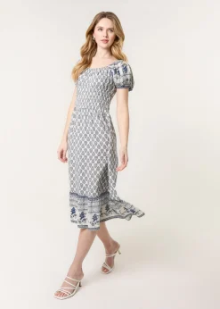 Blue Vanilla Navy Border Print Puff Sleeve Midi Dress