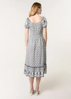 Blue Vanilla Navy Border Print Puff Sleeve Midi Dress