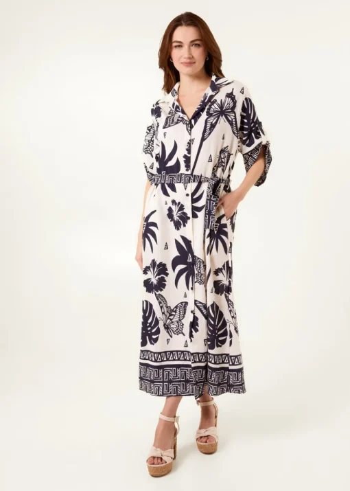 Blue Vanilla Navy Butterflies & Tropical Printed Abstract Shirt Dress