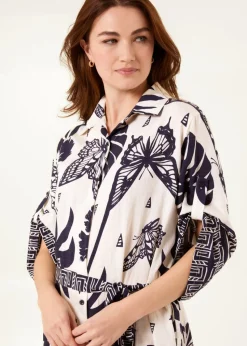 Blue Vanilla Navy Butterflies & Tropical Printed Abstract Shirt Dress