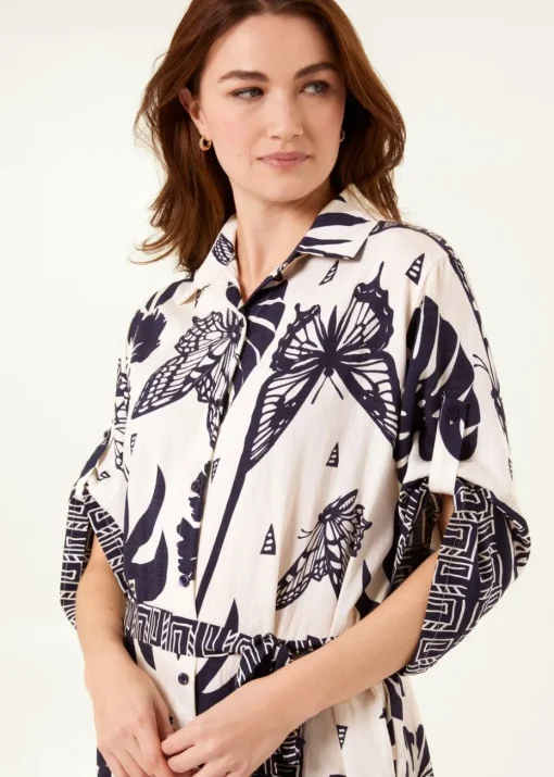 Blue Vanilla Navy Butterflies & Tropical Printed Abstract Shirt Dress
