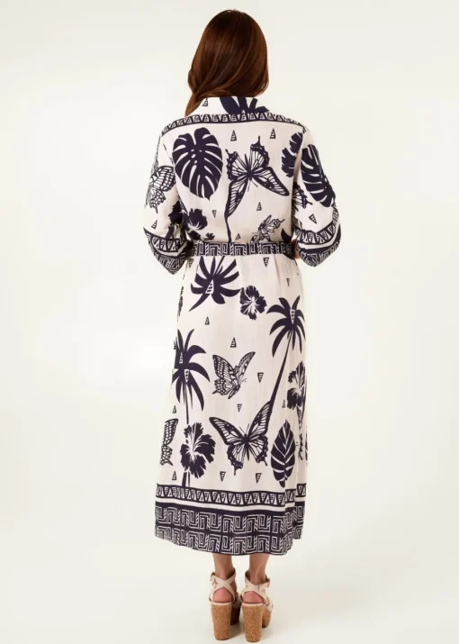 Blue Vanilla Navy Butterflies & Tropical Printed Abstract Shirt Dress