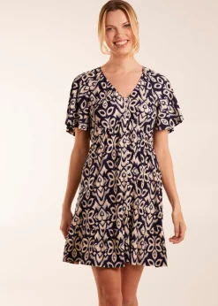Blue Vanilla Navy Button Through Elastic Waist Mini Dress