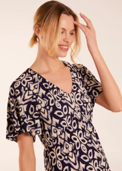 Blue Vanilla Navy Button Through Elastic Waist Mini Dress