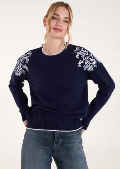 Blue Vanilla Navy Detailed Embroidery Shoulder Jumper