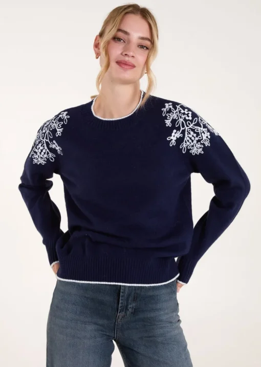Blue Vanilla Navy Detailed Embroidery Shoulder Jumper