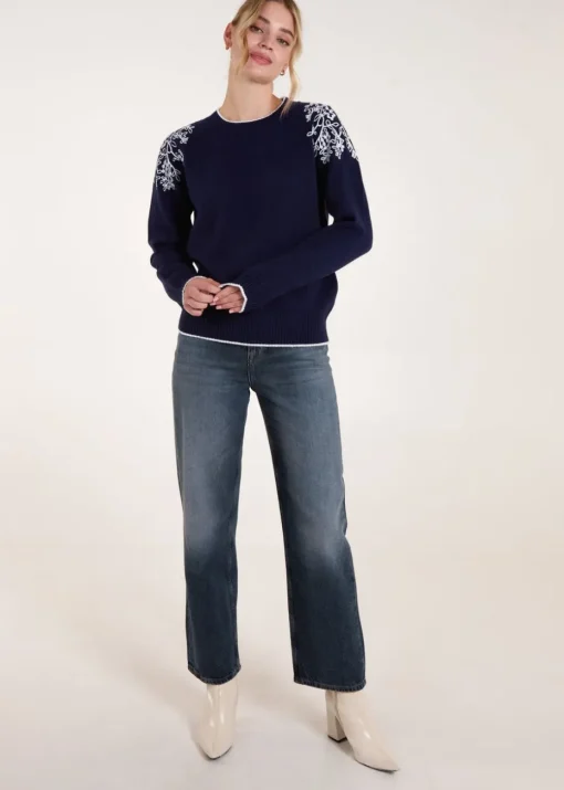 Blue Vanilla Navy Detailed Embroidery Shoulder Jumper