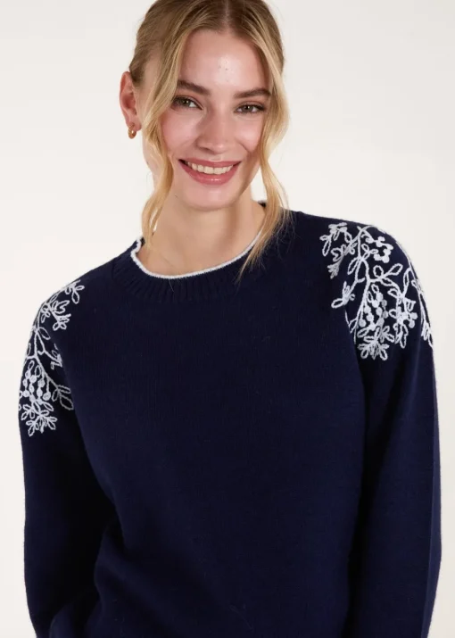 Blue Vanilla Navy Detailed Embroidery Shoulder Jumper