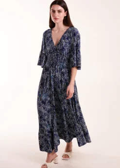 Blue Vanilla Navy Elasticated Neck Shirred Waist Midi Dress