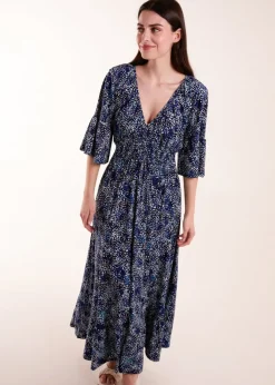 Blue Vanilla Navy Elasticated Neck Shirred Waist Midi Dress