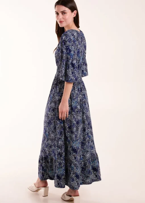 Blue Vanilla Navy Elasticated Neck Shirred Waist Midi Dress