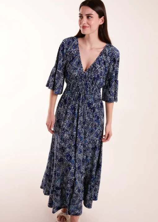 Blue Vanilla Navy Elasticated Neck Shirred Waist Midi Dress