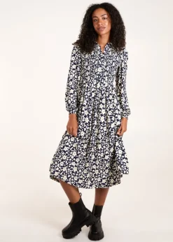 Blue Vanilla Navy Floral Shirred Midi Shirt Dress