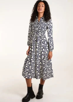 Blue Vanilla Navy Floral Shirred Midi Shirt Dress