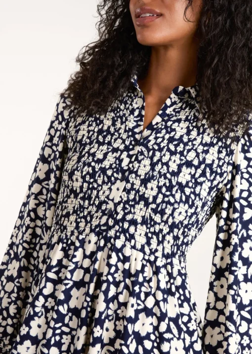 Blue Vanilla Navy Floral Shirred Midi Shirt Dress