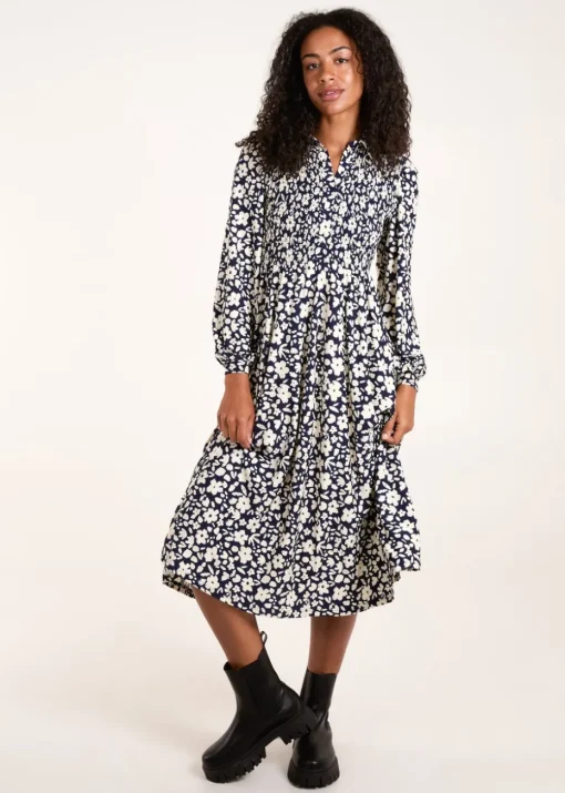 Blue Vanilla Navy Floral Shirred Midi Shirt Dress