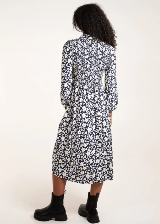 Blue Vanilla Navy Floral Shirred Midi Shirt Dress