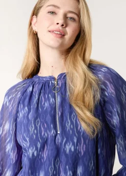 Blue Vanilla Navy Half Zip Puffball Blouse