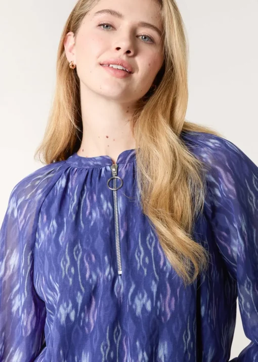 Blue Vanilla Navy Half Zip Puffball Blouse
