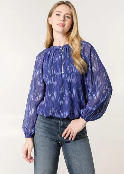 Blue Vanilla Navy Half Zip Puffball Blouse