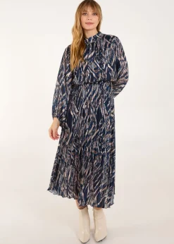 Blue Vanilla Navy High Neck Pleated Digital Wave Abstract Dress