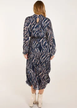 Blue Vanilla Navy High Neck Pleated Digital Wave Abstract Dress