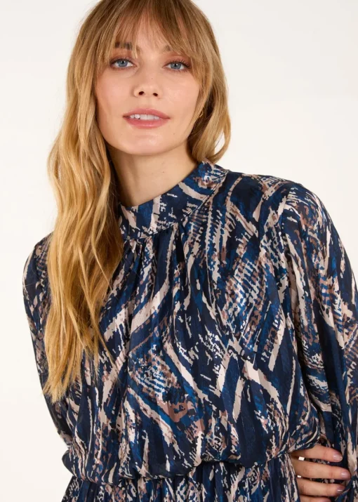 Blue Vanilla Navy High Neck Pleated Digital Wave Abstract Dress
