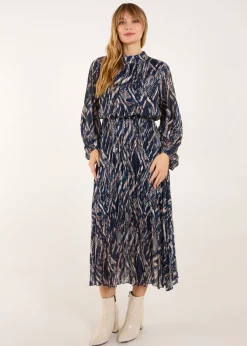 Blue Vanilla Navy High Neck Pleated Digital Wave Abstract Dress