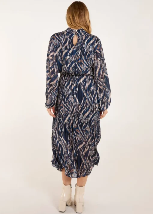 Blue Vanilla Navy High Neck Pleated Digital Wave Abstract Dress