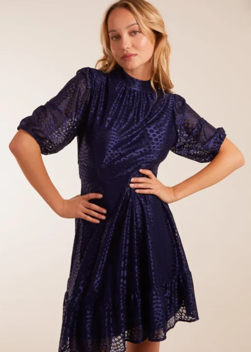 Blue Vanilla Navy Mesh High Neck Tier Dress