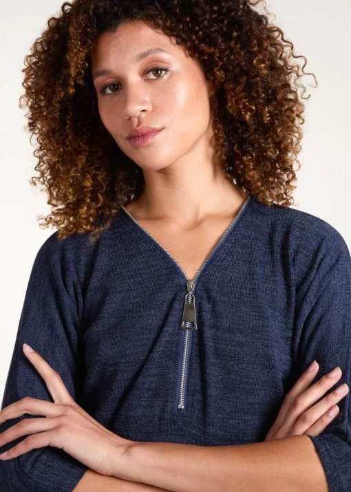 Blue Vanilla Navy Metallic Zip Front Top