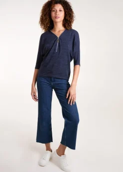 Blue Vanilla Navy Metallic Zip Front Top